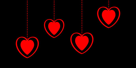 Hanging red hearts. Dash line. Happy Valentines Day. Love greeting card. Banner template. Isolated. Black background. Flat design.