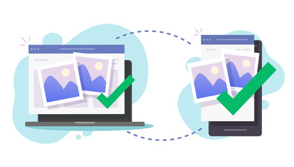 Share wirelessly files between mobile cell phone and computer pc, transfer photo images from smartphone to laptop app, send media data between connected devices via wifi or bluetooth tech