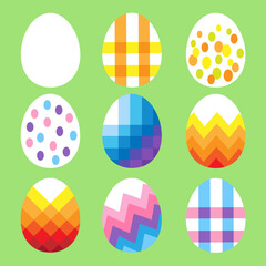 Happy Easter! Collection of nine Easter eggs. One is white and eight are different colors.  Isolated on a green background. Poster, postcard or banner. Vector flat illustration.