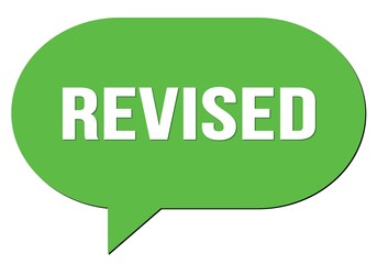 REVISED text written in a green speech bubble