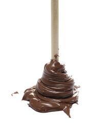 Creamy chocolate with wooden dipper isolated on white background