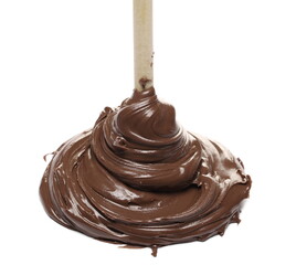 Creamy chocolate with wooden spoon isolated on white background