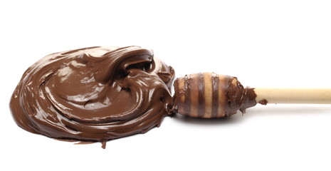 Creamy chocolate with wooden dipper isolated on white background