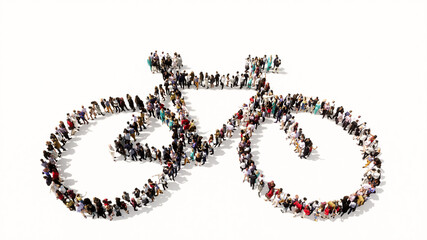 Concept or conceptual large community of people forming an image of a bicycle on white background. A 3d illustration metaphor for recreation,  health, sport, ecological transportation or work