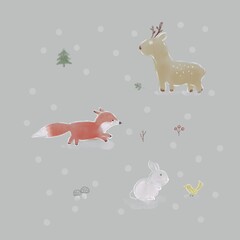 Christmas card with deer, fox, rabbit and yellow bird. Winter season with snow.