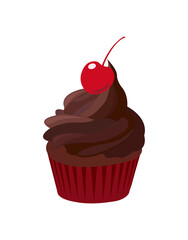 Cupcake with dark chocolate icing decorated and cherry in red paper case
