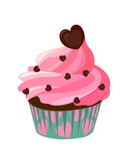 Cupcake pink icing decorated with chocolate heart in turquoise paper case