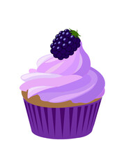 Blackberry cupcake with berry and purple violet paper case.  isolated.