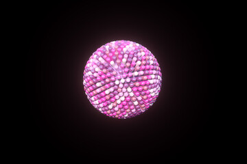 Pink ball, sphere with not sharp spikes, sticks around it on black background. Geometric shape in pink colors. All sticks around the ball are the same length. Studded ball.