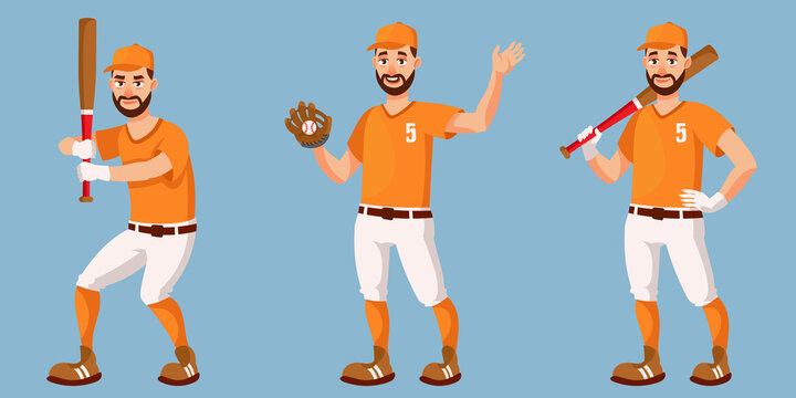 Baseball player in different poses. Male person in cartoon style.