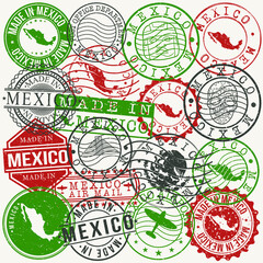 Mexico Set of Stamps. Travel Passport Stamps. Made In Product. Design Seals in Old Style Insignia. Icon Clip Art Vector Collection.