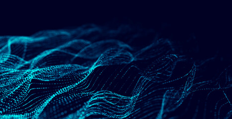 Dynamic particles wave. Blue dots on black background. Digital landscape. 3d rendering. Big data visualization 3D. Futuristic backdrop for design, wallpaper.