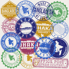Dhaka Bangladesh Set of Stamps. Travel Stamp. Made In Product. Design Seals Old Style Insignia Vector Clip Art.
