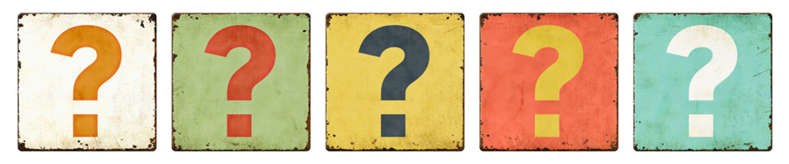 Five vintage tin signs on a white background - Question mark