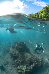 Fototapeta na wymiar Above and below shots of scuba diving in Papua New guinea