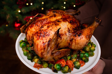whole roasted chicken with brussels sprouts garnish. whole grilled chicken and vegetables. crispy browned skin juicy chicken. holiday chicken recipe. grill-roasted whole chicken with brussels sprouts