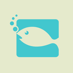 Fish logo.Blue color icon isolated on light background.Symbol for fishing business and water sports.Aquatic animal shape.Marine food and aquarium brand.Geometric sticker.