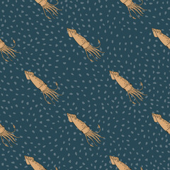 Minimalistic seamless ocean pattern with beige squid doodle silhouettes. Turquoise dotted background.