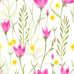 Watercolor flowers meadow summer seamless pattern
