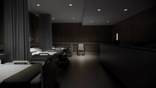 3D Rendering interior .Isolated empty bed in hospital, closeup on abandoned bed in medical room.Dark Recovery Room with Healthcare Equipment and Medical.