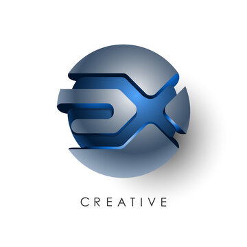 Initial letter EX logo template colored blue grey circle 3d design for business and company identity