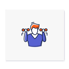 Exercise color icon. Man doing exercises, lifting dumb bells or bars. Concept pictogram for healthy lifestyle, fitness and best mind focus and self development practices. Isolated vector illustration