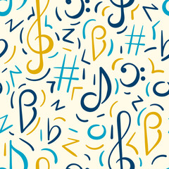Seamless pattern. Doodle vector background, music concert festival. Musical note, treble clef