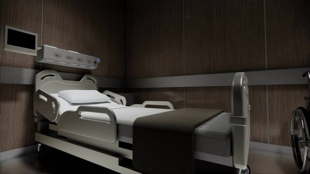 3D Rendering interior .Isolated empty bed in hospital, closeup on abandoned bed in medical room.Dark Recovery Room with Healthcare Equipment and Medical.