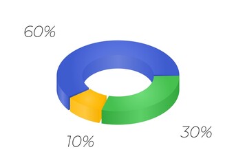 3d donut  chart infographic. Concept with  three  options. 60, 30 and 10 percent.