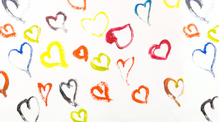 Many multi-colored hearts painted with paints on a white background.