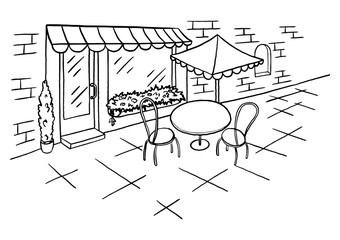 Cozy outdoor cafe in the open air. A table with a chairs. Hand drawn sketch. Vintage style. Black and white vector illustration isolated on white background.