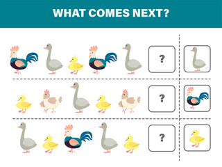 What comes next with farm birds-rooster, goose, hen and duckling. Logical worksheet for kids. Cartoon vector illustration.