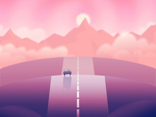 Car driving along straight road disappearing to vanishing point on the horizon and a distant large mountain among clouds in morning or evening sunlight illustration.