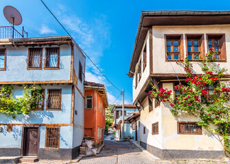Fototapeta na wymiar Afyonkarahisar old houses streets view. Afyon is located center of Anatolia.