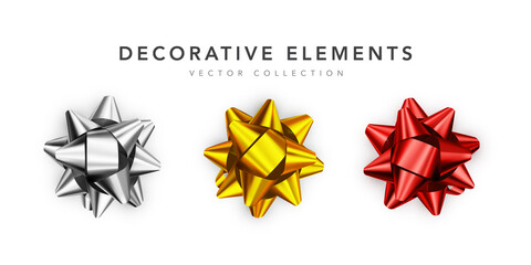 Collection of realistic shiny bows isolated on white background. Golden, silver, red, gift bows for cards, presentation, valentine's day, christmas and birthday illustrations.  Vector illustration