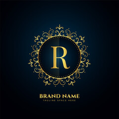 letter R logo concept with golden florals