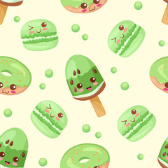 Kawaii Green Kiwi Ice Cream, Macaroon and Donut seamless pattern. Cute vector illustration. Funny smiling and happy food characters on yellow background. Use for card, wrapping paper, children menu.