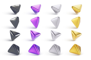 Set of colorful geometric 3d objects with shadow isolated on white background. Realistic metalic figure. Vector illustration