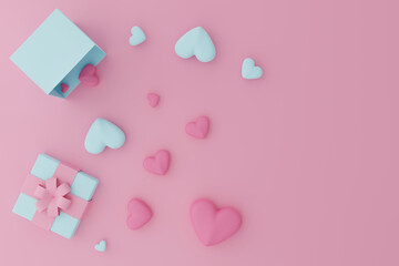 3d render gift box with light blue and pink heart on pink background.