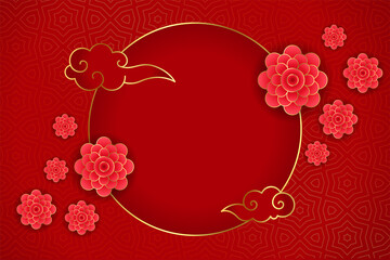 Traditional chinese greeting with flower on red background