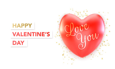 Happy Valentines Day banner with red heart. Vector illustration
