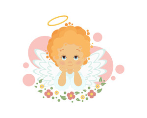 Cartoon Christmas angel with flowers. Vector graphics. EPS10