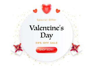 Happy Valentines Day banner with red hearts and gift. Vector illustration