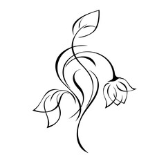 ornament 1462. one stylized flower Bud on a curved stem with leaves and curls in black lines on a white background