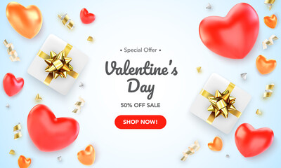 Happy Valentines Day greeting card with red hearts, gifts and ribbons. Vector illustration