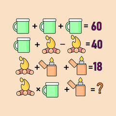 Mathematical riddle, educational game for children and adults, rebus.Riddle for the mind. Riddle with numbers. Vector. Mathematical rebus. Result. Crossword for social networks