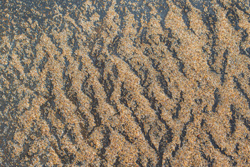 Extreme macro close up of fine beach sand surface pattern in the summer. Sandy trails, texture and background. Top view. Abstract Background. 