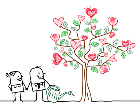 Cartoon Woman and Man Watering a big Tree with pink Hearts