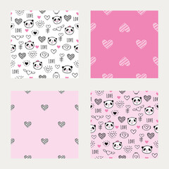 Set of seamless patterns with hand drawn pandas and hearts for Valentine's Day, mother's day, birthday, wedding. Vector.