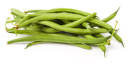 Stack of green beans on white isolated background. Fresh healthy vegetables for salad. Vegetarians and vegans.